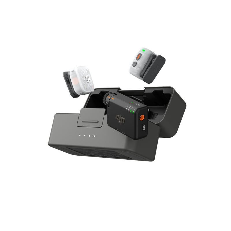 ชุด DJI Mic Mini 2S พร้อมไมโครโฟนสองตัว ตัวรับสัญญาณ และเคสชาร์จ