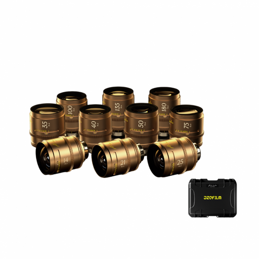 DZOFILM Arles Lustre Gold 10-Lens Kit 14mm to 180mm T1.6-T2.4 Full Frame Vista Vision Prime Cine Lens PL Mount Case

