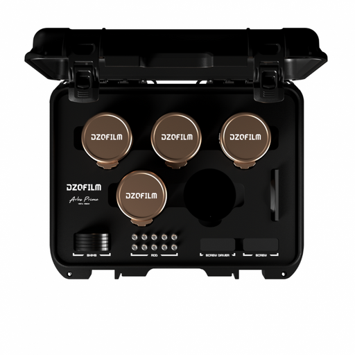 DZOFILM Arles Lustre Gold 4-Lens Kit 25mm 35mm 50mm 75mm T1.6 Full Frame Vista Vision Prime Cine Lens PL Mount Case
