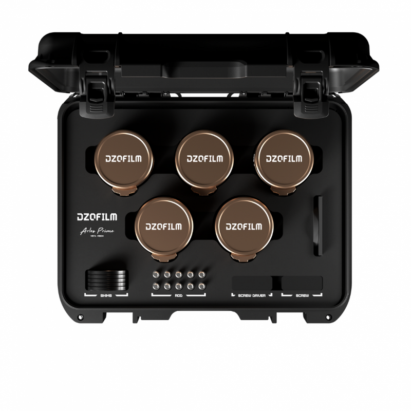 DZOFILM Arles Lustre Gold 5-Lens Kit 14mm 21mm 40mm 135mm 180mm Full Frame Vista Vision Prime Cine Lens PL Mount Case