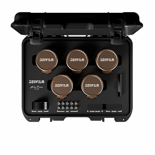 DZOFILM Arles Lustre Gold 5-Lens Kit 14mm 21mm 40mm 135mm 180mm Full Frame Vista Vision Prime Cine Lens PL Mount Case