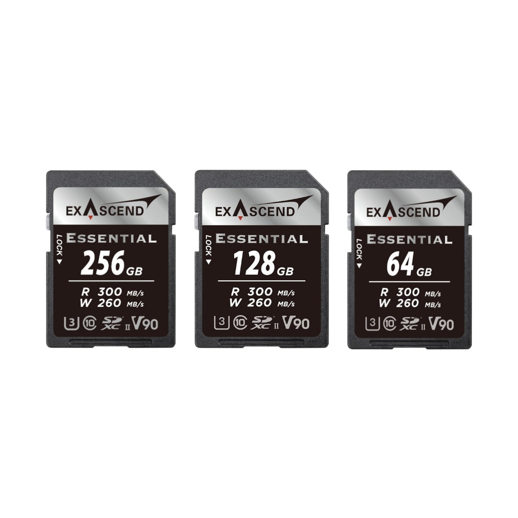 Exascend Essential SDXC UHS-II V90 SD card R300/W260 64/128/256GB, memory card for 8K cameras