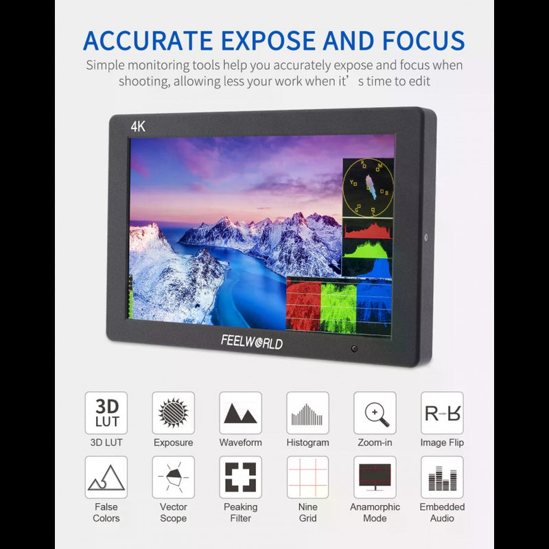 FEELWORLD T7 PLUS 7 Inch 3D LUT DSLR Camera Field Monitor with Waveform 4K HDMI Aluminum Housing 450cd/m² brightness